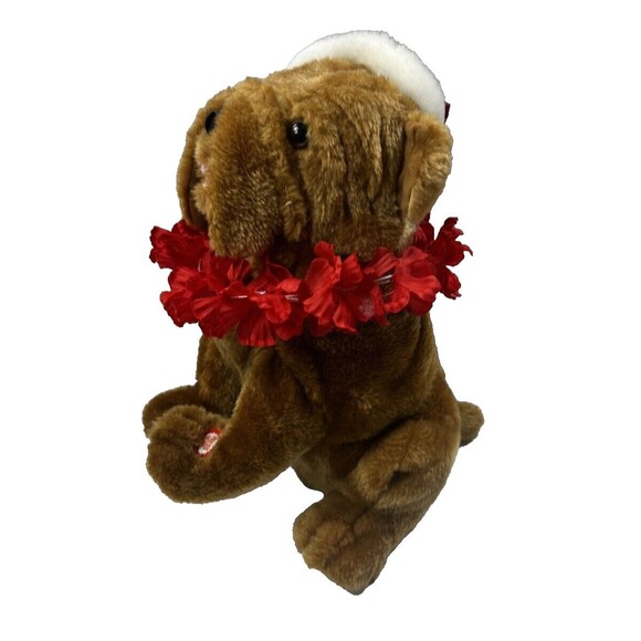 PBC Intl Shar Pei Plush Puppy Dog 12" Red Hawaiian Christmas Hat Tested and work - Picture 2 of 4